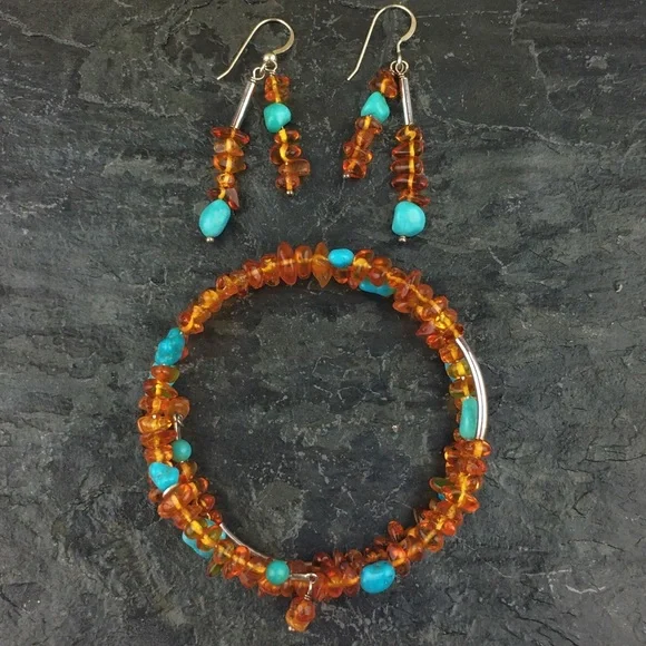 Jay King Amber & Turquoise Gemstone Bracelet & Earrings - Picture 1 of 12